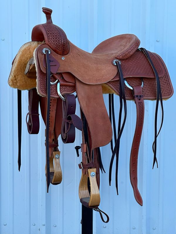 Stuart Rybak Cow Horse Saddle with a 16- inch Rough Out Seat Tooled Waffle Chestnut Finish