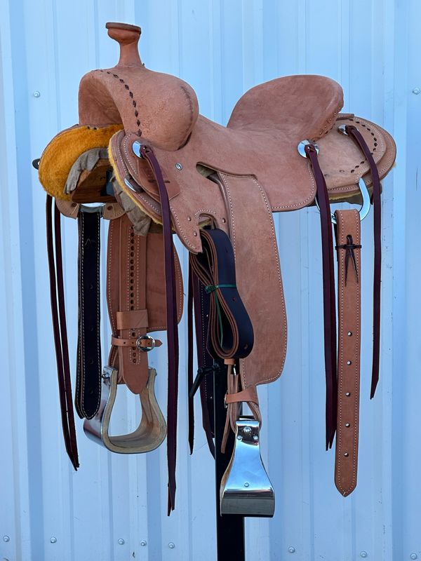 Robert Teskey Strip Down Seat Rig Ranch Roping Saddle with a 15- inch Rough Out Seat Buck Stitch Border T Tree