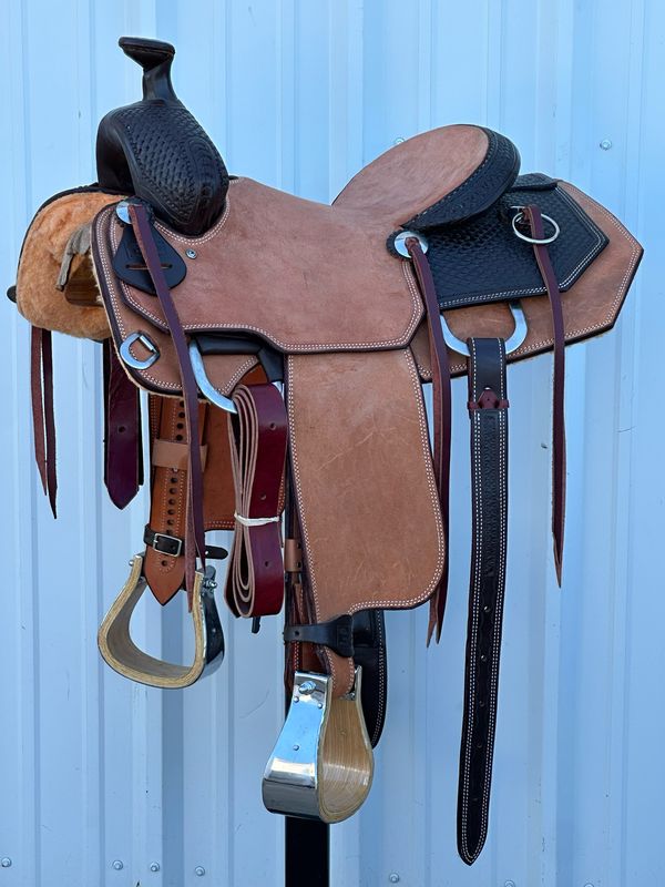 Robert Teskey Ranch Roping Saddle with a 14 1/2- inch Rough Out Seat Tooled Double Stitch