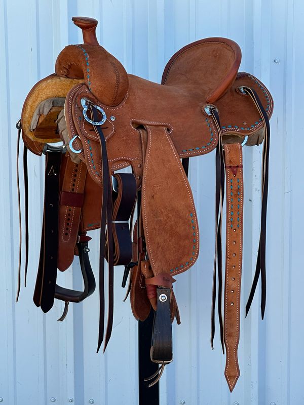 Robert Teskey Elite Strip Down Seat Rig Ranch Roping Saddle with a 14 1/4- inch Rough Out Seat with Turquoise Buck Stitch Border