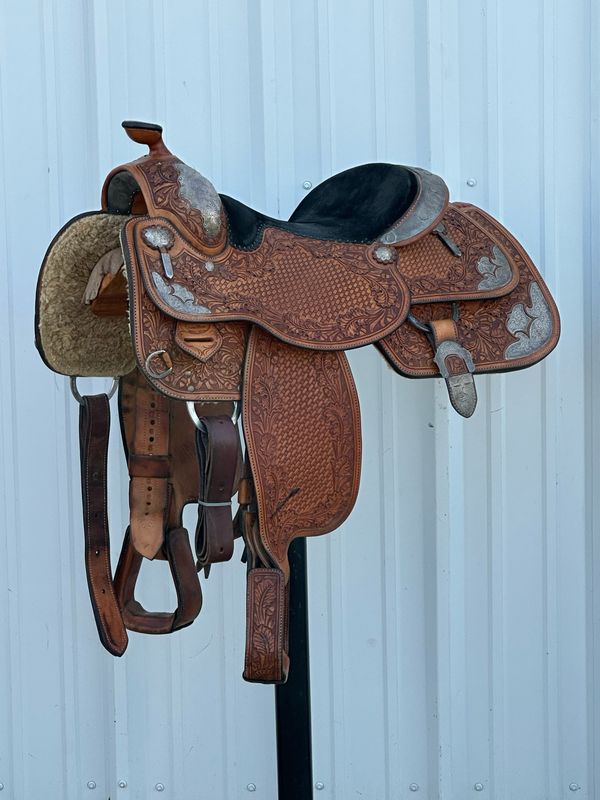 Allen Ranch Saddle Shop Bixby, OK Western Pleasure Horse Show Saddle with a 15 1/4- inch Black Suede Padded Seat Basket Weave with Oak Leave Border Sterling Overlay