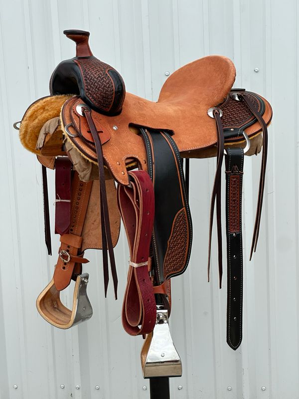 Robert Teskey Strip Down Seat Rig Ranch Roping Saddle with a 15- inch Rough Out Seat Tooled Interlace with Painted Border