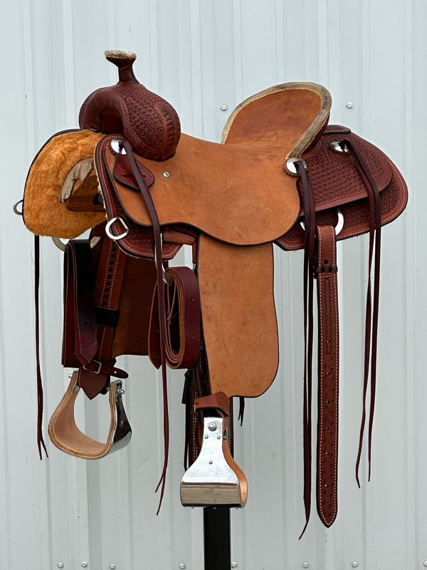 Robert Teskey Ranch Roping Saddle with a 15 1/2- inch Rough Out Seat Tooled Floral Medium Finish