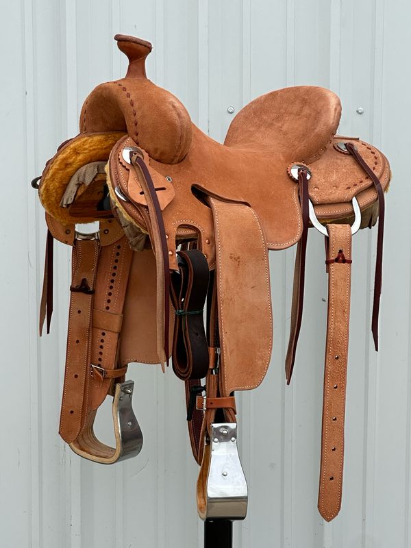 Robert Teskey Strip Down Seat Rig Ranch Roping Saddle with a 14 1/2- inch Rough Out Seat  Buck Stitch Border Light Finish