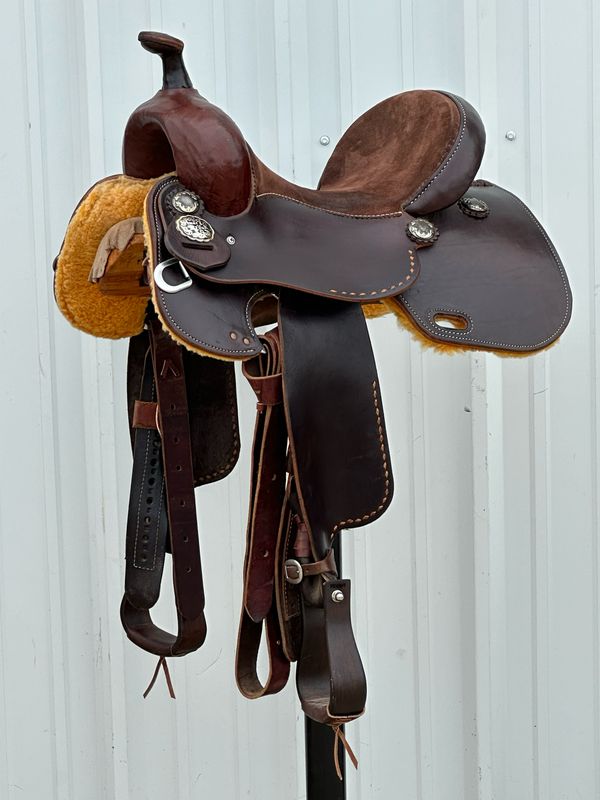 Stuart Rybak Barrel Racing Saddle with a 14- inch Brown Suede Padded Seat with Buck Stitch Border Dark