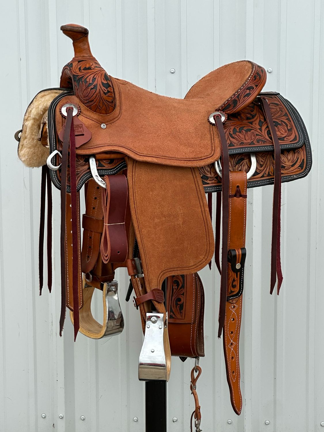 Robert Teskey Ranch Roping Saddle with a 16- inch Rough Out Seat Tooled Floral with Painted Border