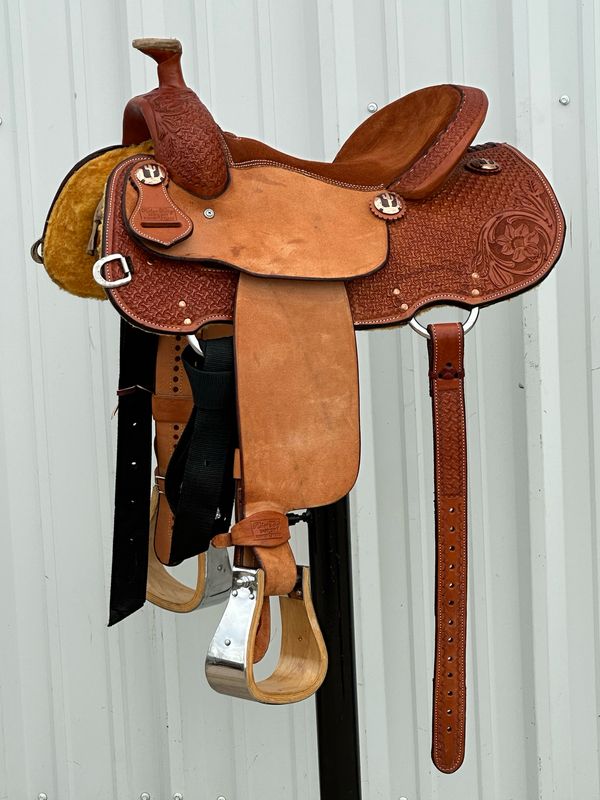 Robert Teskey All Around Saddle with a 13 1/2- inch Chestnut Suede Padded Seat Tooled Hourglass Waffle with Floral Medium Finish