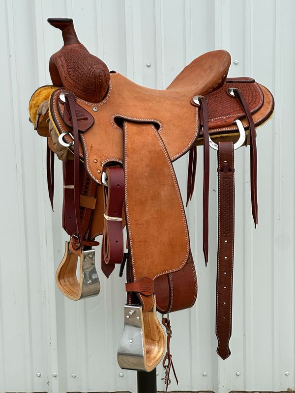 Robert Teskey Strip Down Seat Rig Ranch Roping Saddle with a 15 1/2- inch Rough Out Seat Tooled Interlace with Barbwire Border Double Stitch