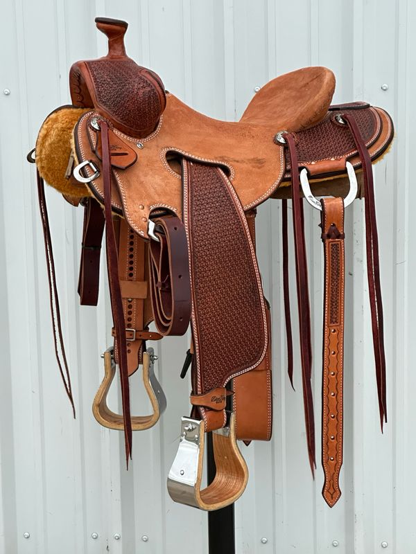 Robert Teskey Elite Strip Down Seat Rig Ranch Roping Saddle with a 16- inch Rough Out Seat Tooled Floral Tucson Tree