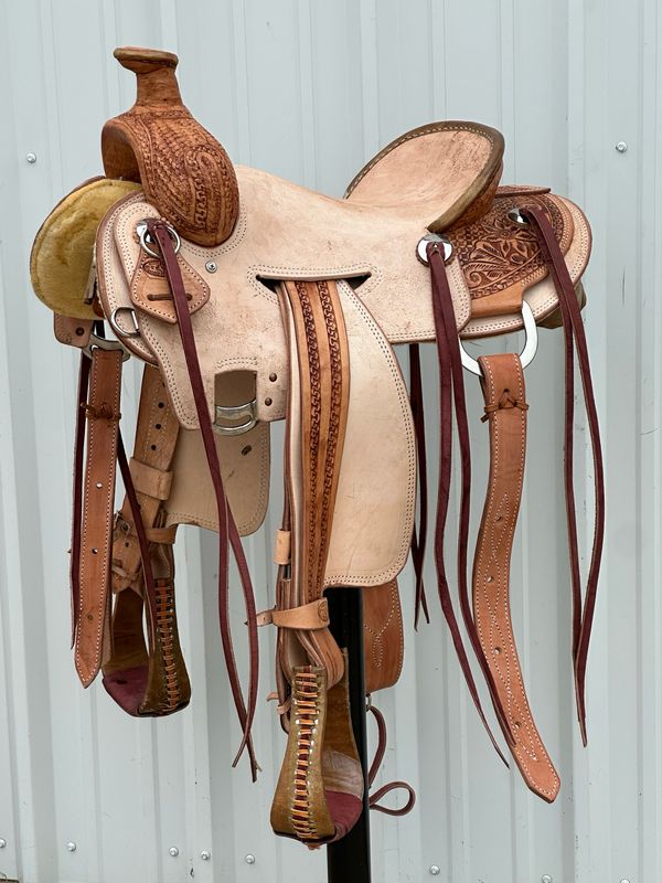 Heart O Texas Strip Down Seat Rig Ranch Roping Saddle with a 15- inch Rough Out Seat Tooled Waffle with Floral Light Finish