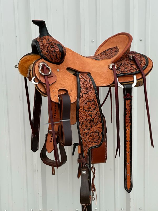 Robert Teskey Elite Strip Down Seat Rig Ranch Roping Saddle with a 16- inch Inlay &amp; Rough Out Seat Tooled Hibiscus With Painted Border Medium Finish