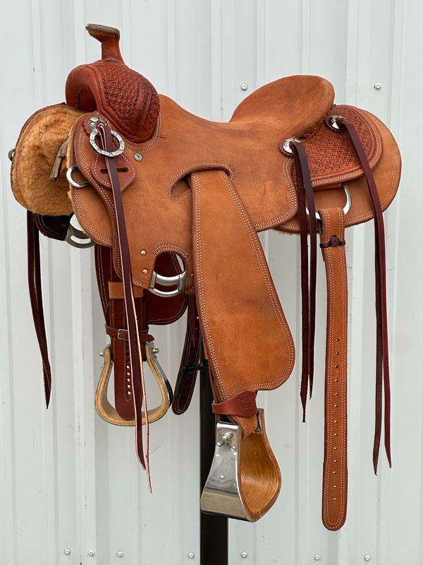 Robert Teskey Strip Down Seat Rig Ranch Roping Saddle with a 15- inch Rough Out Seat Tooled Hourglass Waffle Double Stitch