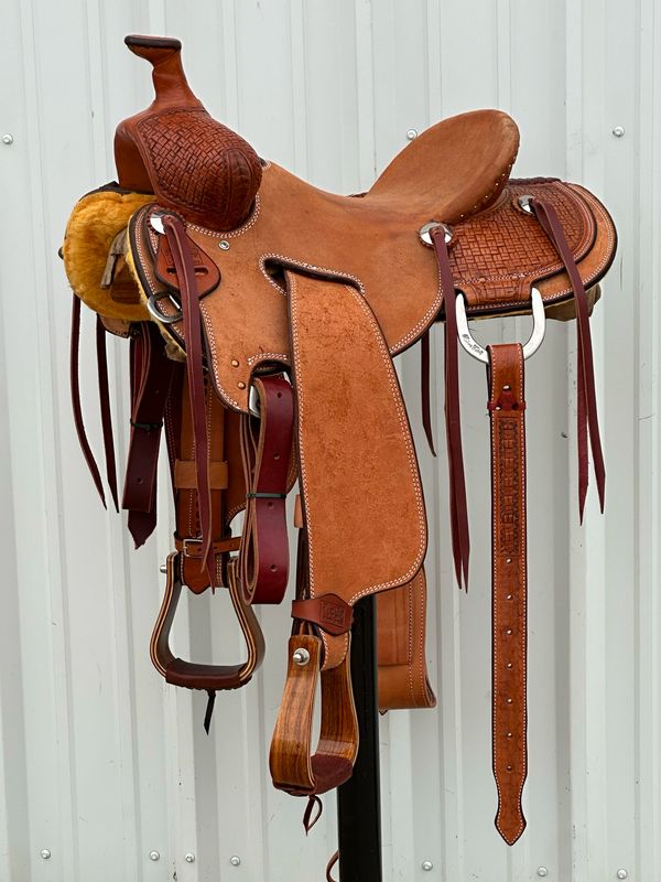 Robert Teskey Strip Down Seat Rig Ranch Roping Saddle with a 15- inch Rough Out Seat Tooled Bamboo Interlace Double Stitch Medium Finish