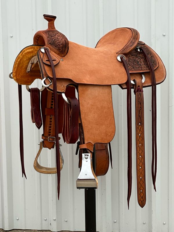 Robert Teskey Strip Down Seat Rig Ranch Roping Saddle with a 15- inch Rough Out Seat Tooled Floral Antiqued Medium Finish