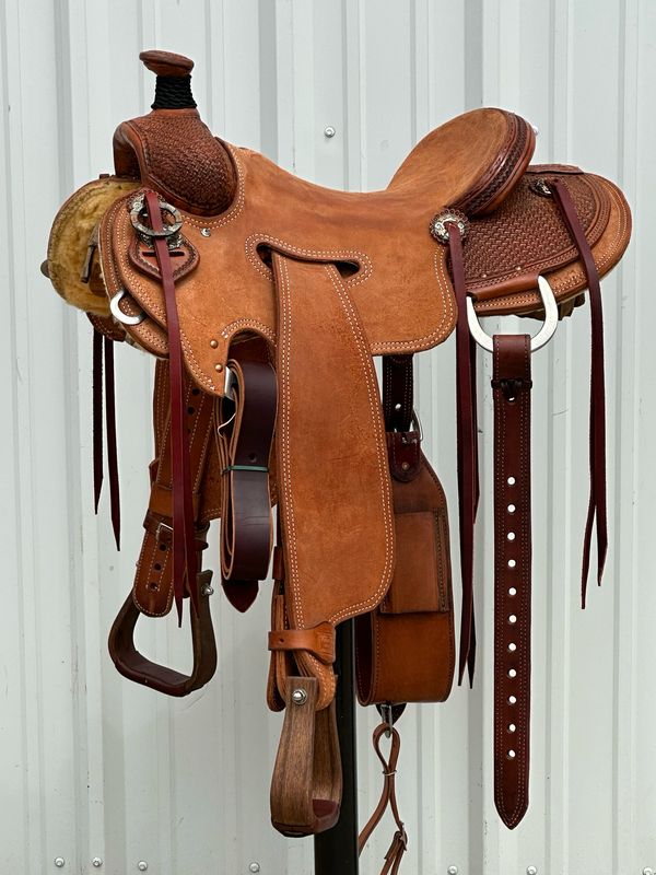 Robert Teskey Elite Strip Down Seat Rig Ranch Roping Saddle with a 16- inch Rough Out Seat Tooled Hourglass Waffle Double Stitch Medium Finish