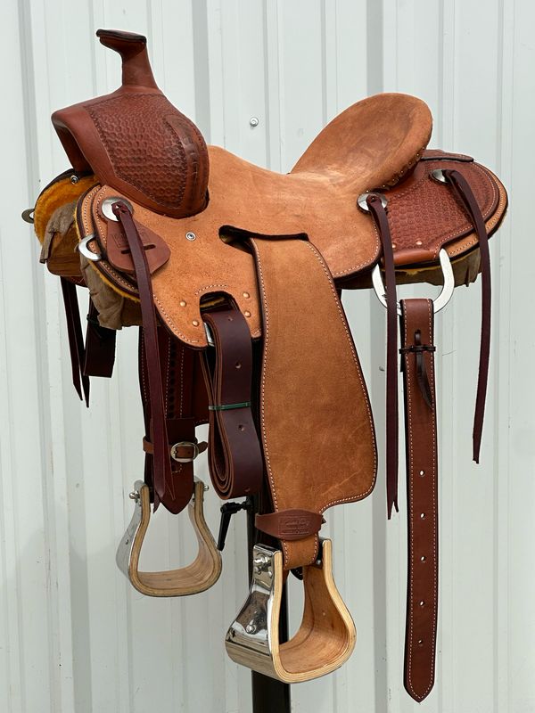 Robert Teskey Super Arizona Strip Down Seat Rig Ranch Roping Saddle with a 14- inch Rough Out Seat Tooled Floral Medium Finish
