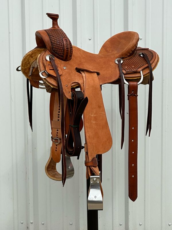 Robert Teskey Tucson Strip Down Seat Rig Ranch Roping Saddle with a 15- inch Rough Out Seat Tooled Basket Weave Antiqued Medium Finish