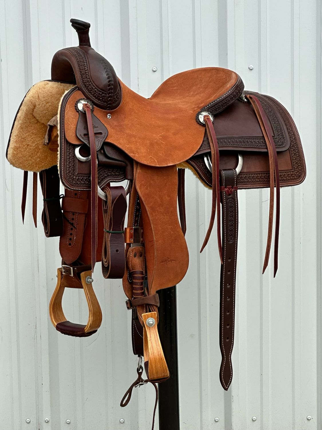 Stuart Rybak Cow Horse Saddle with a 15- inch Rough Out Seat Tooled with Border Floral Dark Finish