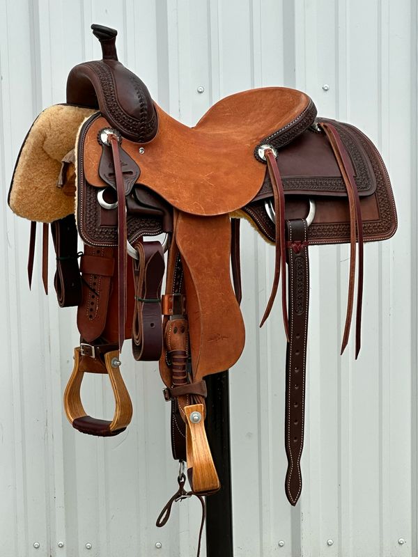 Stuart Rybak Cow Horse Saddle with a 15- inch Rough Out Seat Tooled with Border Floral Dark Finish
