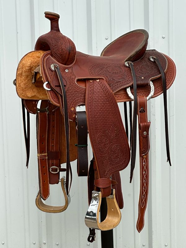 Robert Teskey Strip Down Seat Rig Ranch Roping Saddle with a 15 1/2- inch Slick Out Seat Tooled Floral InterWeave Snake Border Dark Finish