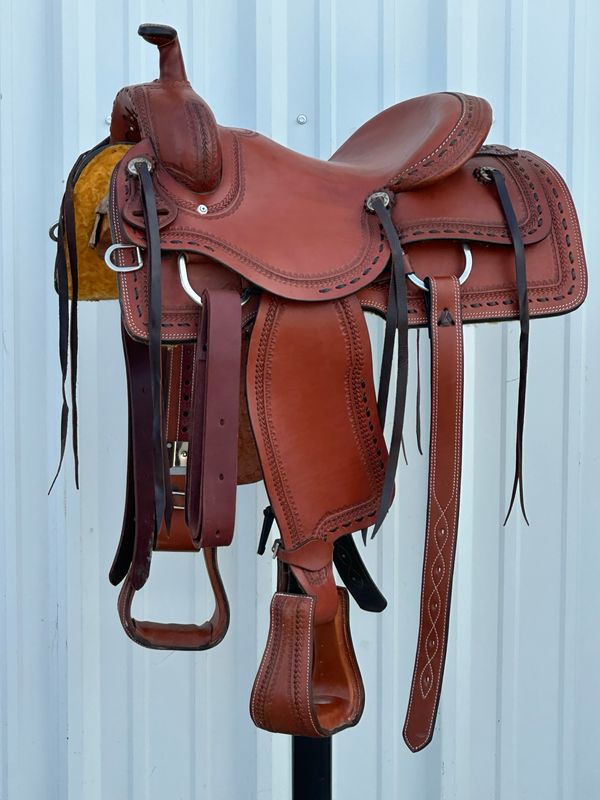 J Bar K Saddlery Ranch Cutting Horse Saddle with a 14 1/2- inch Slick Out Seat Tooled with Border and Buck Stitch Medium Finish