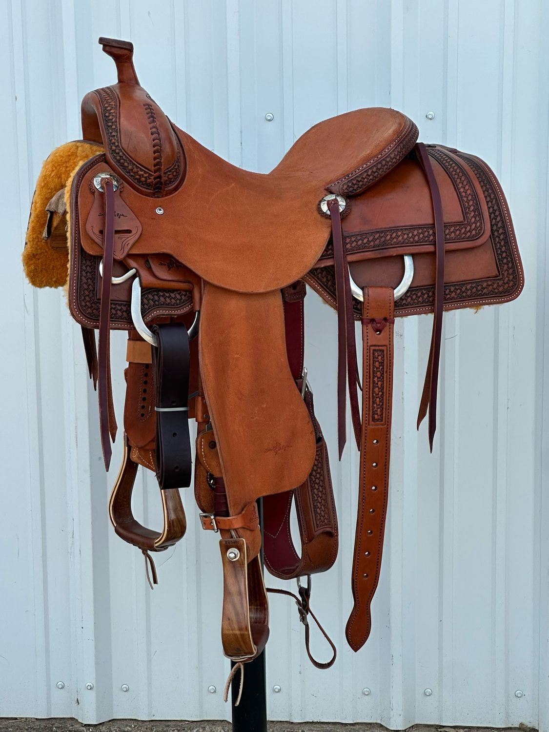 Stuart Rybak Cow Horse Saddle with a 15 1/2- inch Rough Out Seat Tooled with Border in Basket Weave Medium Finish