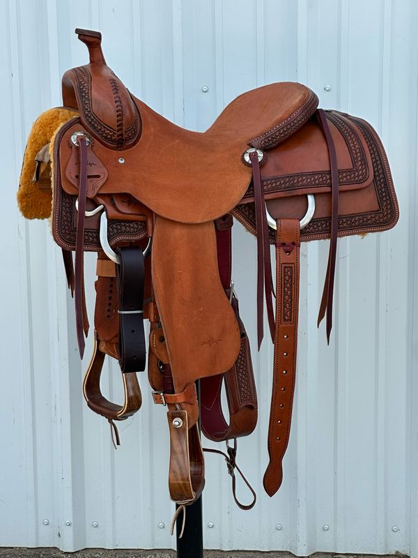 Stuart Rybak Cow Horse Saddle with a 15 1/2- inch Rough Out Seat Tooled with Border in Basket Weave Medium Finish
