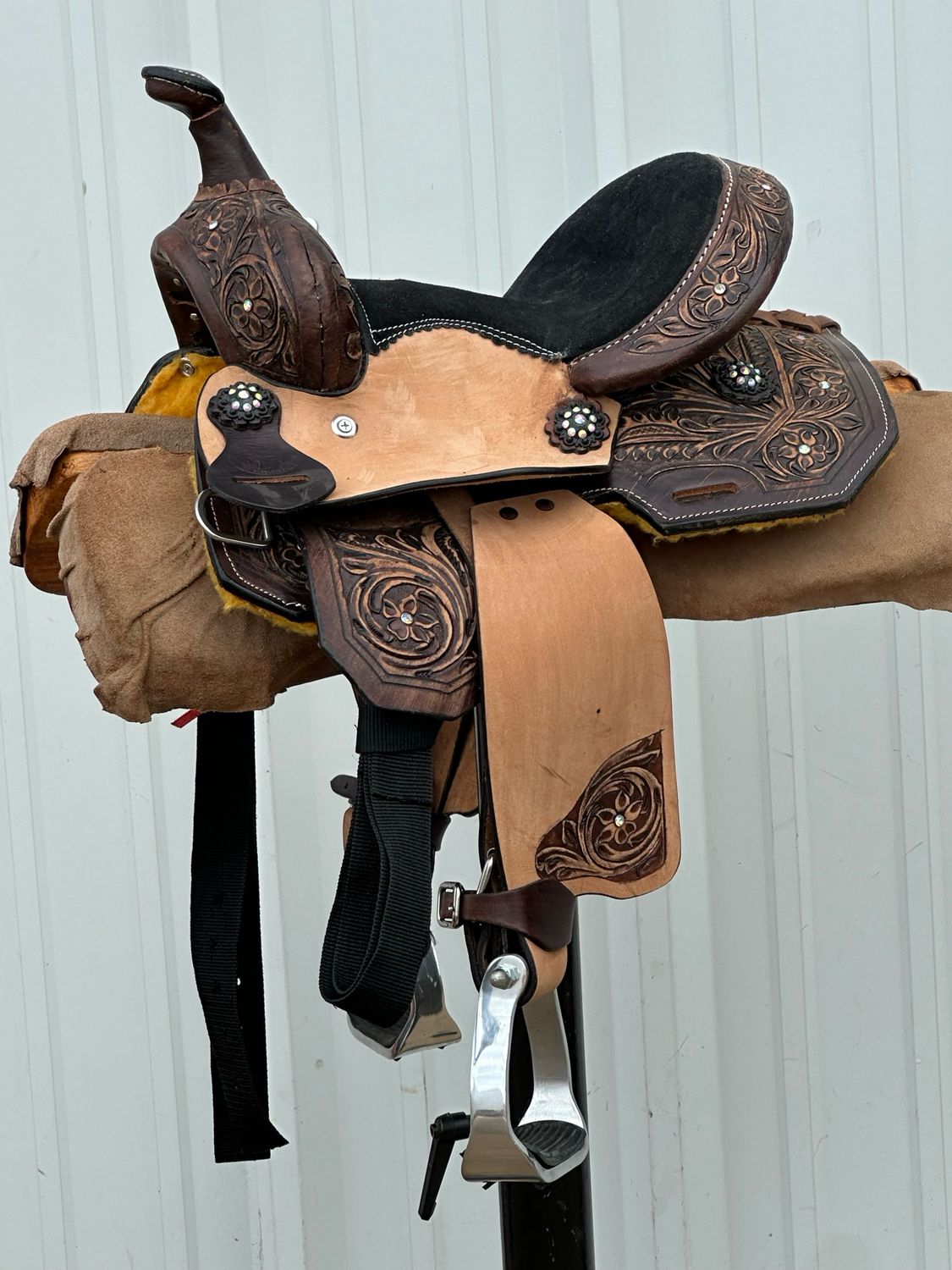 Chisom Trail Kid’s Saddle with a 10- inch Black Padded Suede Seat Tooled Floral with Bling