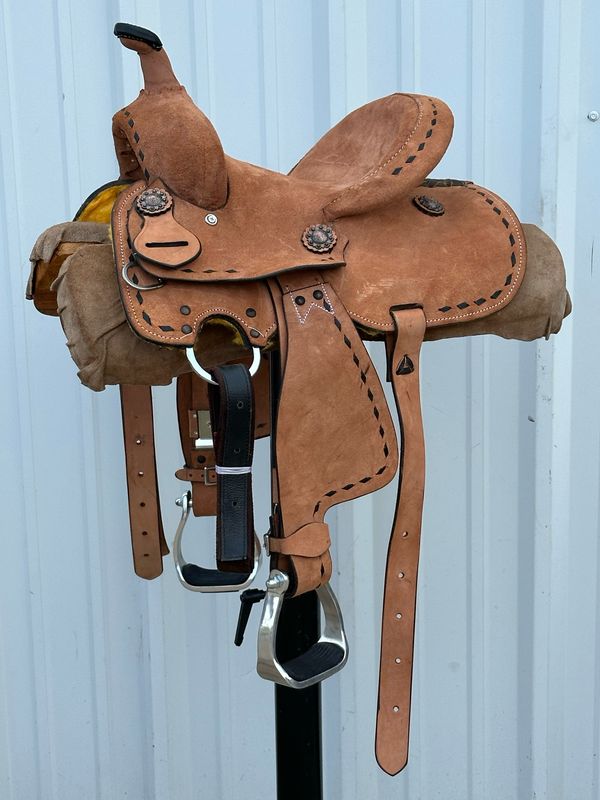 Chisom Trali Kid’s Saddle with a 10- inch Rough Out Seat Buck Stitch Border Light Finish