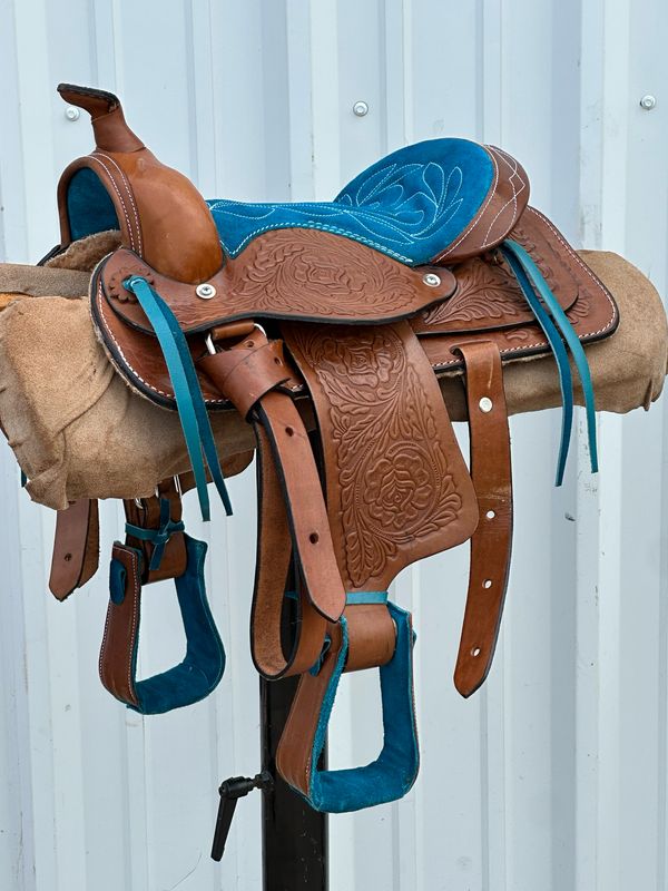 Pony Saddle with a 10- inch Turquoise Suede Padded Seat Tooled Foliage with Rose