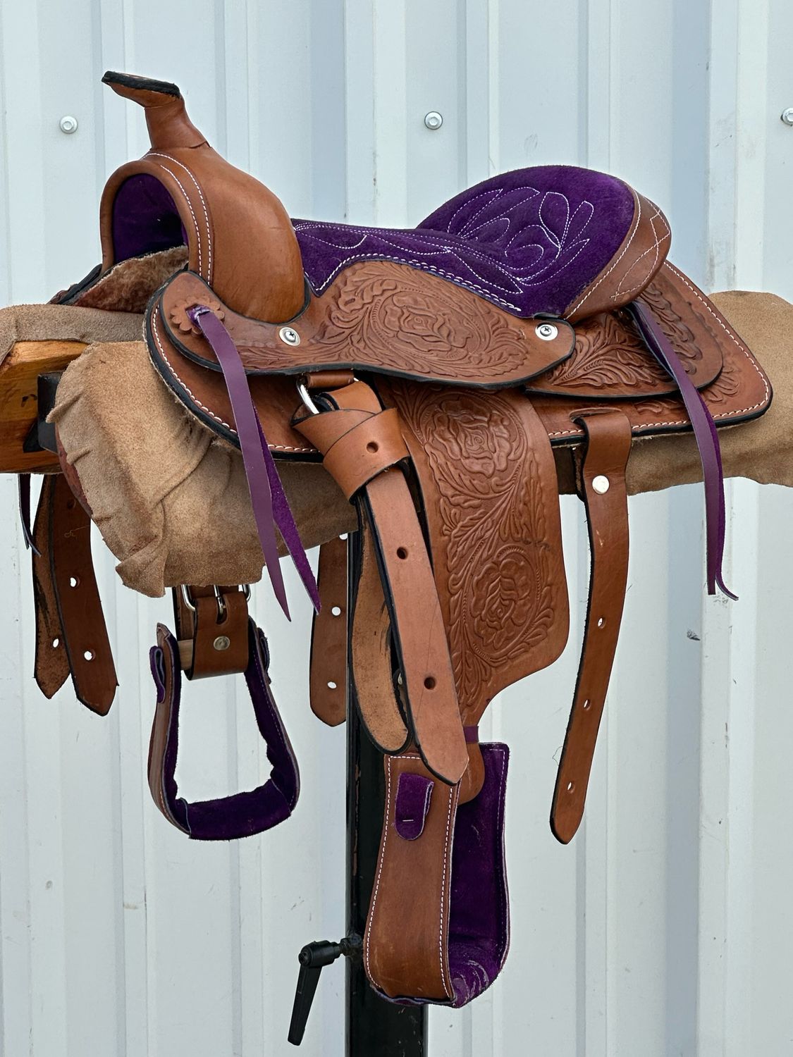 Pony Saddle with a 10- inch Purple Suede Padded Seat Tooled Foliage with Rose