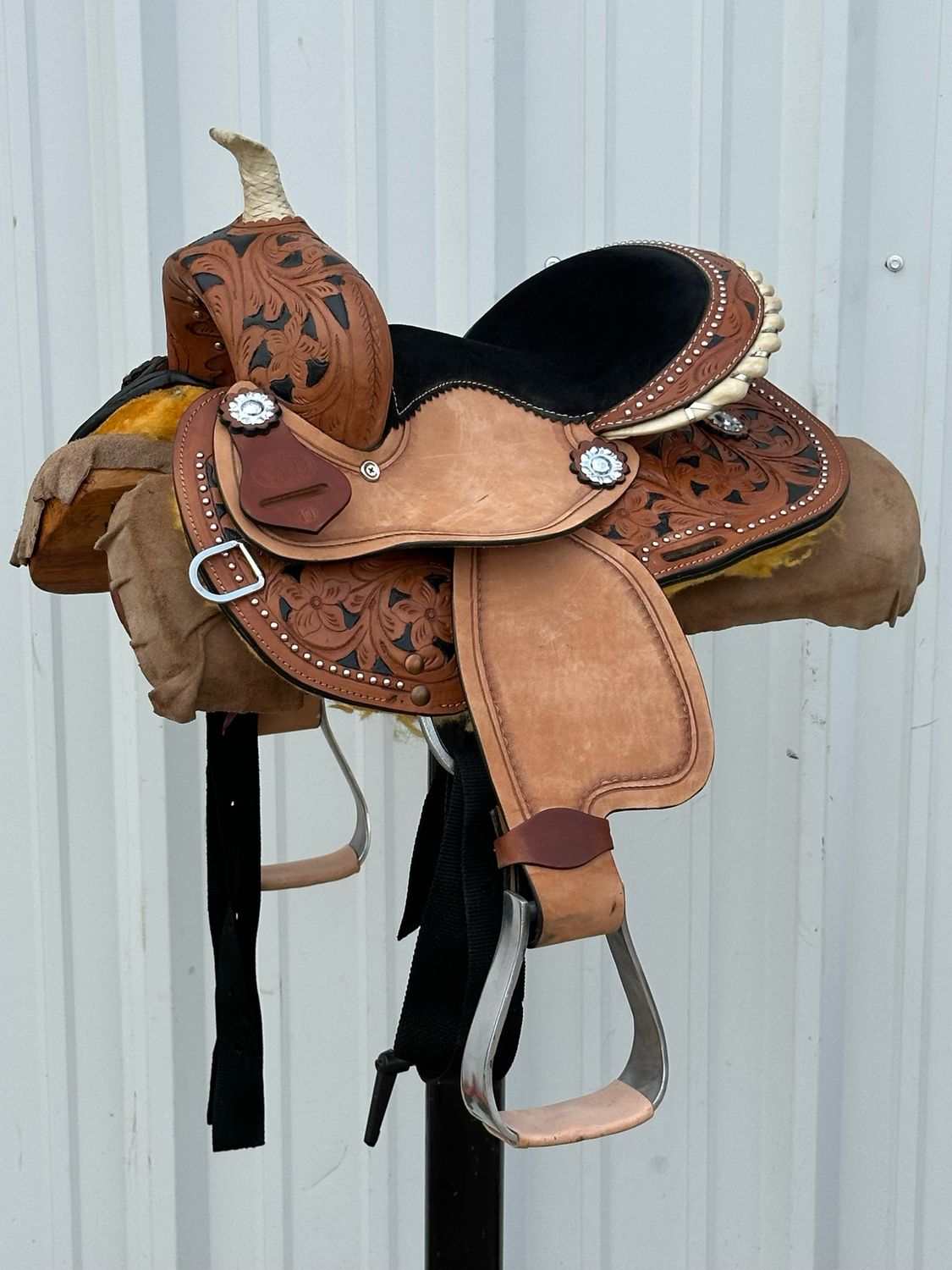 Chisom Trail Kid’s Saddle with 10- inch Padded Black Suede Seat Tooled Floral with Stainless Dot Border