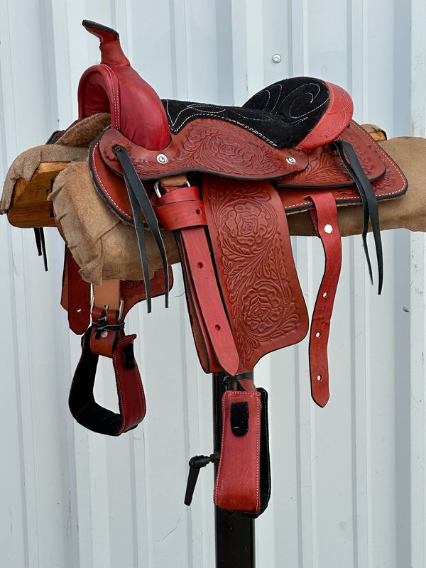 Pony Saddle with a 10- inch Black Suede Padded Seat Tooled Foliage with Rose