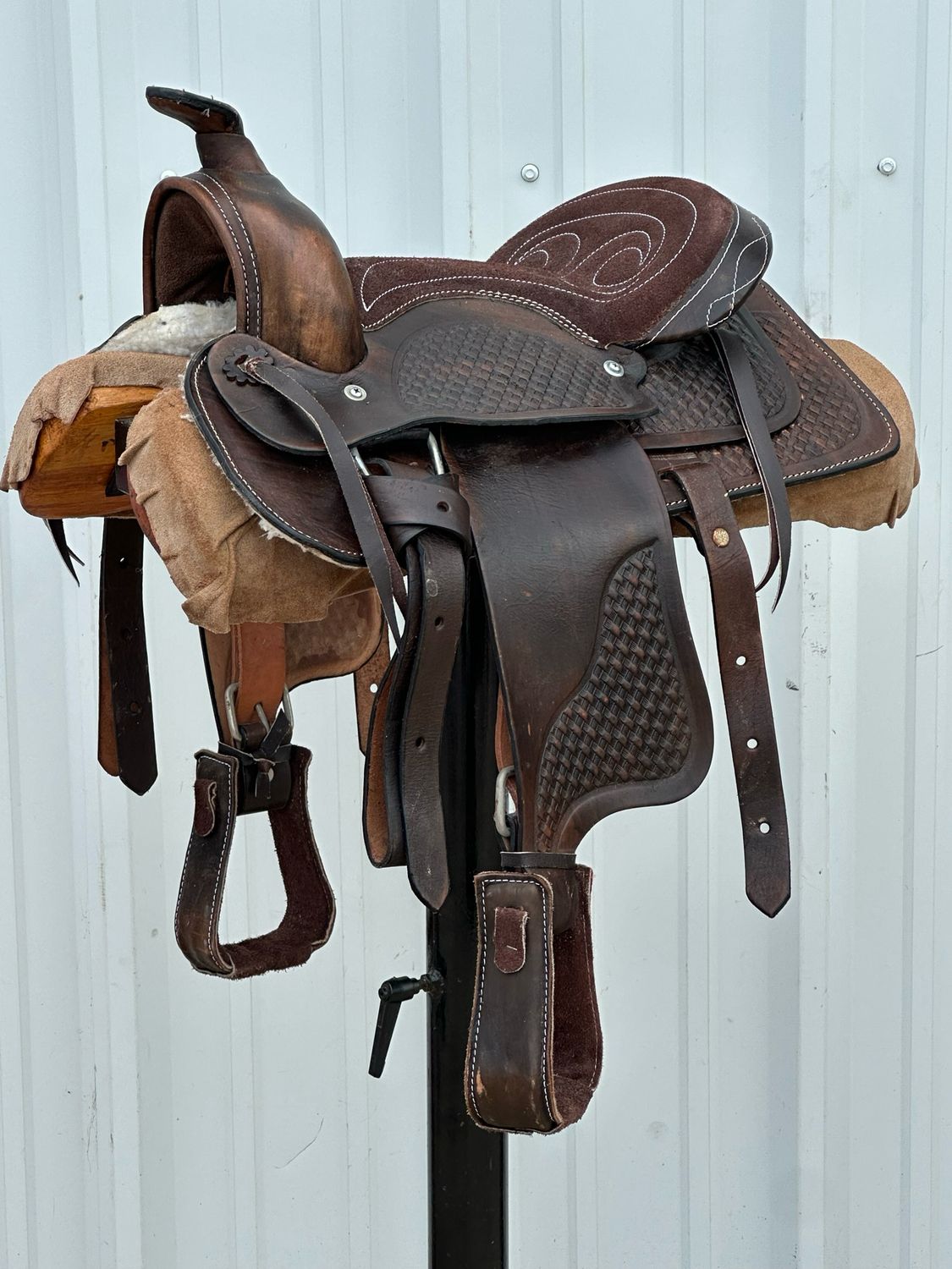 Pony Saddle with a 12- inch Brown Suede Padded Seat Basket Weave Tooled Dark Finish