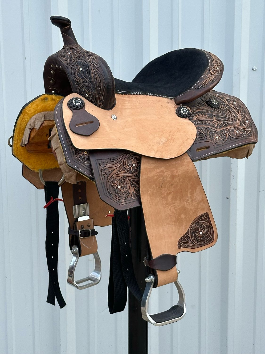 Chisom Trail Kid’s Saddle with a 12 1/2- inch Black Suede Padded Seat Tooled Floral with Bling