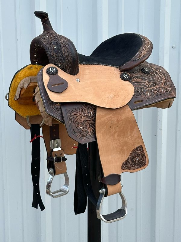 Chisom Trail Kid’s Saddle with a 12 1/2- inch Black Suede Padded Seat Tooled Floral with Bling
