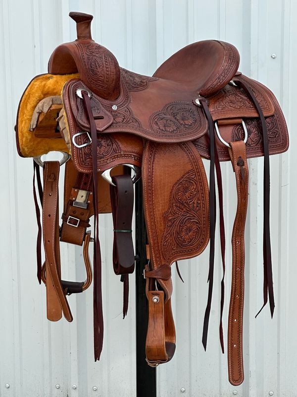 J Bar K Saddlery Cow Horse Saddle with a 14- inch Slick Out Seat Tooled Floral with Border Medium Dark Finish