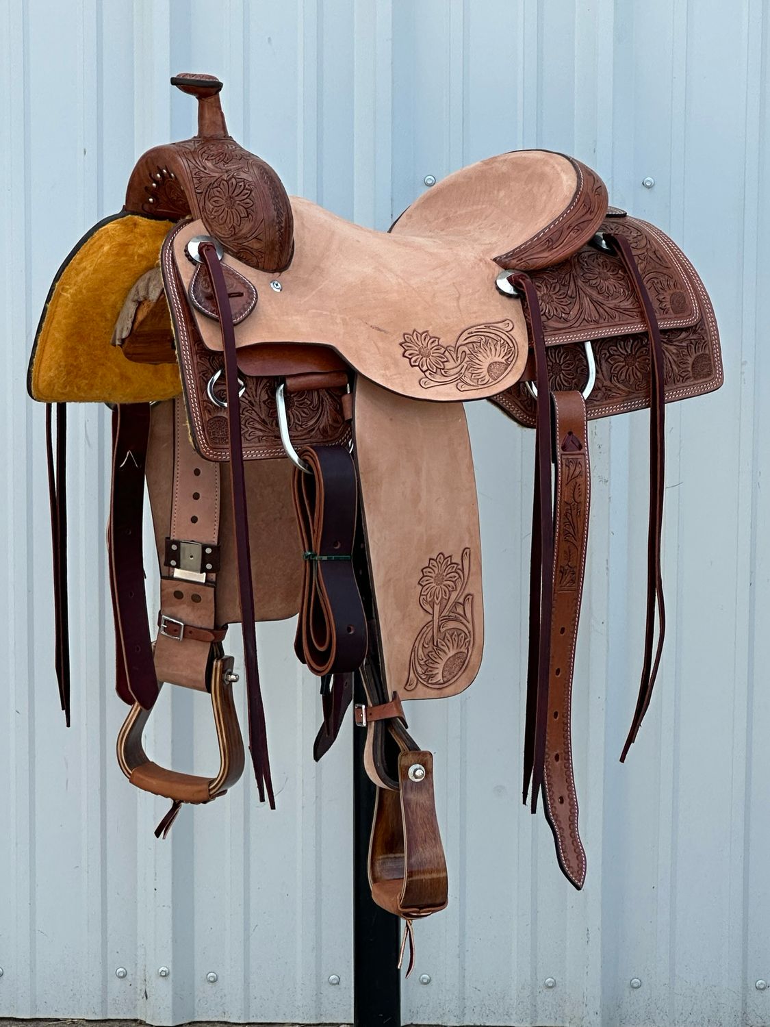 J Bar K Saddlery Ranch Cutting Saddle with a 16 1/2- inch Rough Out Seat Tooled Floral Double Stitch Medium Finish