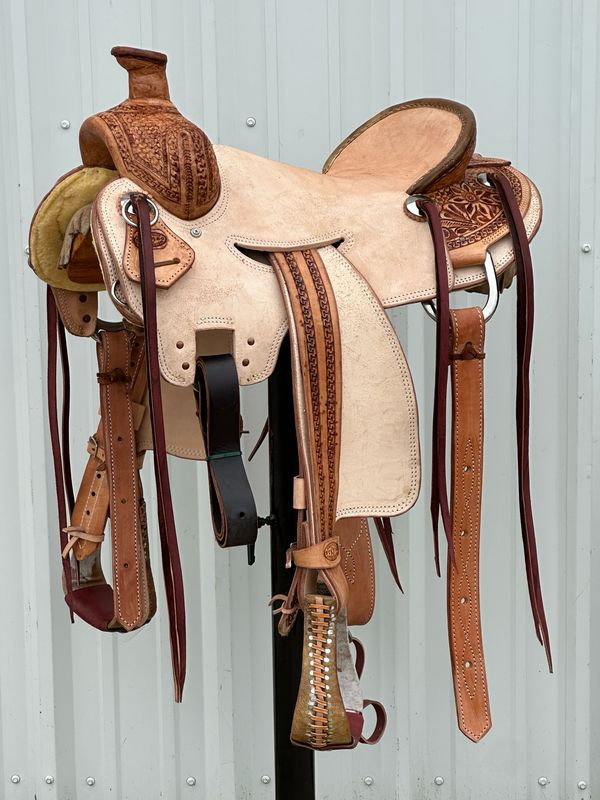 Heart O Texas Strip Down Seat Rig Ranch Roping Saddle with a 15- inch Rough Out Seat Tooled Waffle and Floral with Snake Border Double Stitch Light Finish WR- Tree