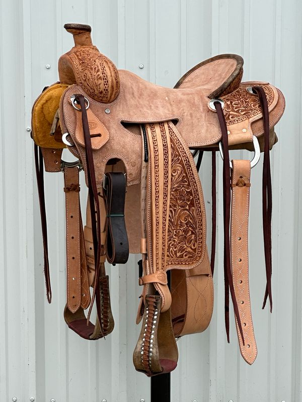 Heart O Texas Strip Down Seat Rig Ranch Roping Saddle with a 15 1/2- inch Rough Out Seat Tooled Floral with Snake Border Double Stitch Light Finish WR- Tree