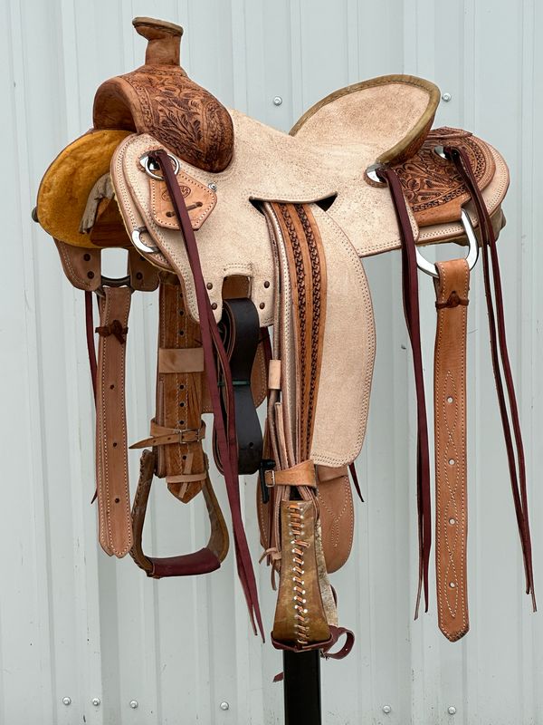 Heart O Texas Strip Down Seat Rig Ranch Roping Saddle with a 14 1/2- inch Rough Out seat Tooled Floral with Snake Border Double Stitch Light Finish WR- Tree