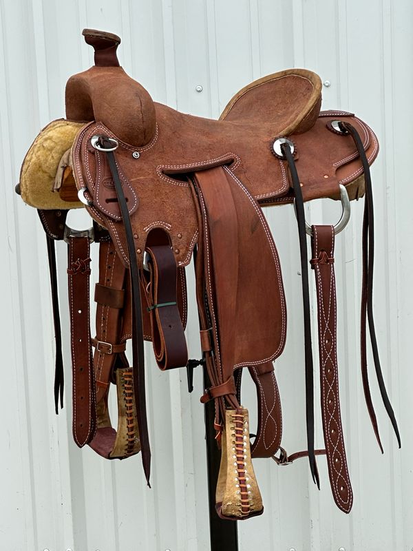 Heart O Texas Strip Down Seat Rig Ranch Roping Saddle with a 15- inch Rough Out Seat Double Stitch Medium Finish WR - Tree