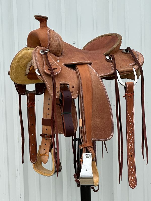 Heart O Texas Strip Down Seat Rig Ranch Roping Saddle with a 15 1/4- inch Rough Out Seat Double Stitch Light Medium Finish WR - Tree