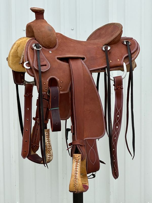 Heart O Texas Strip Down Seat Rig Ranch Roping Saddle with a 16- inch Rough Out Seat Double Stitch Medium Finish WR- Tree