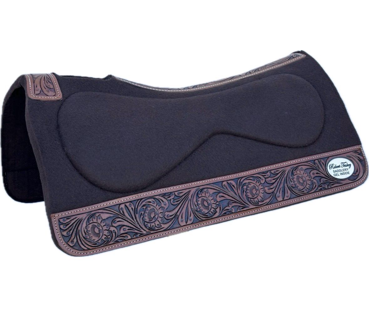 Robert Teskey Moisture Wicking Contoured 1- inch Thickness Felt Gel Saddle Pad with Brown Tooled Wear Leathers and Leather Spine Size: 32” x 32” Brown