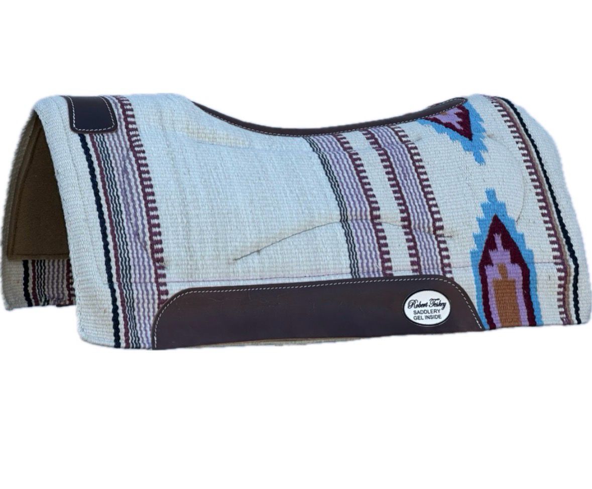 Robert Teskey Contoured Moisture Wicking 100% New Zealand Wool 3/4- inch Thickness Memory Felt Bottom Gel Saddle Blanket with Brown Wear Leathers and Leather Spine Size: 36”x34” Creme