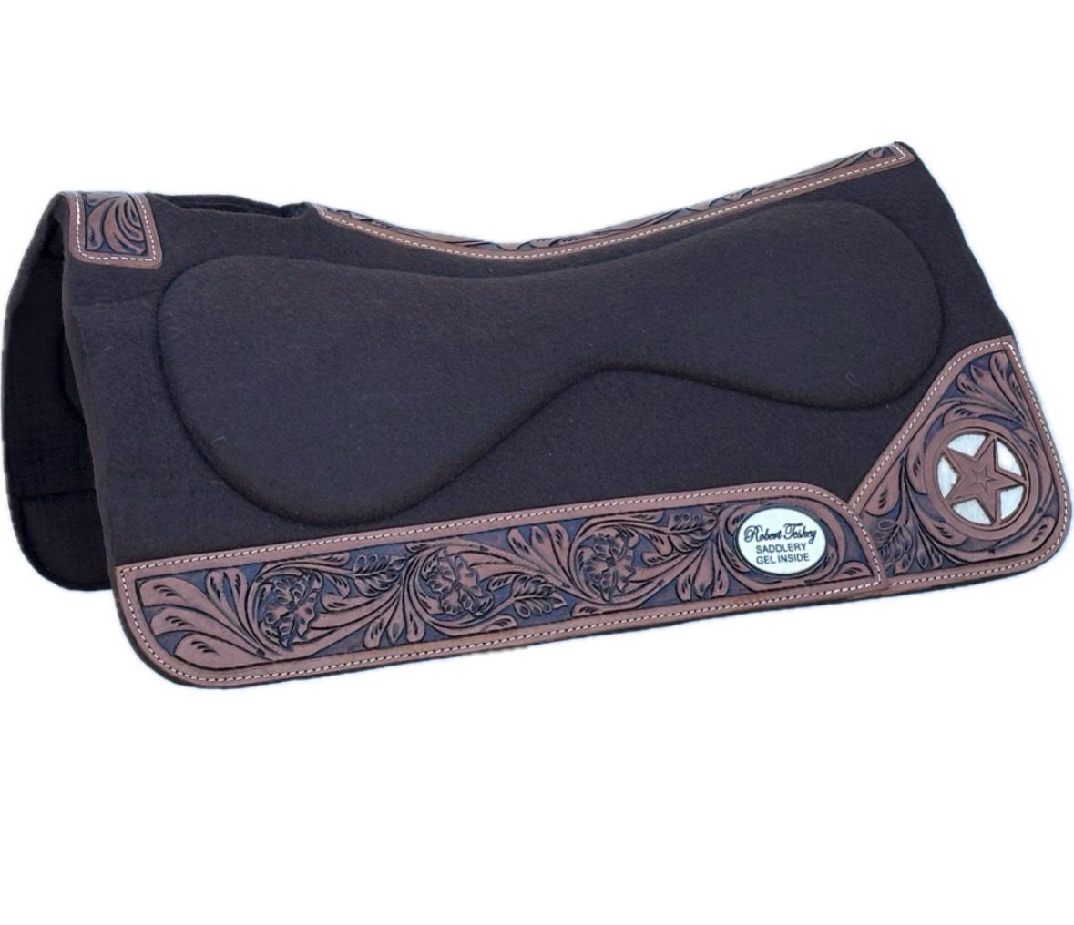 Robert Teskey Moisture Wicking 1- inch Thickness Felt Gel Saddle Pad with Tooled Wear Leathers and Leather Spine Star Cutout Size: 32”x32” Brown