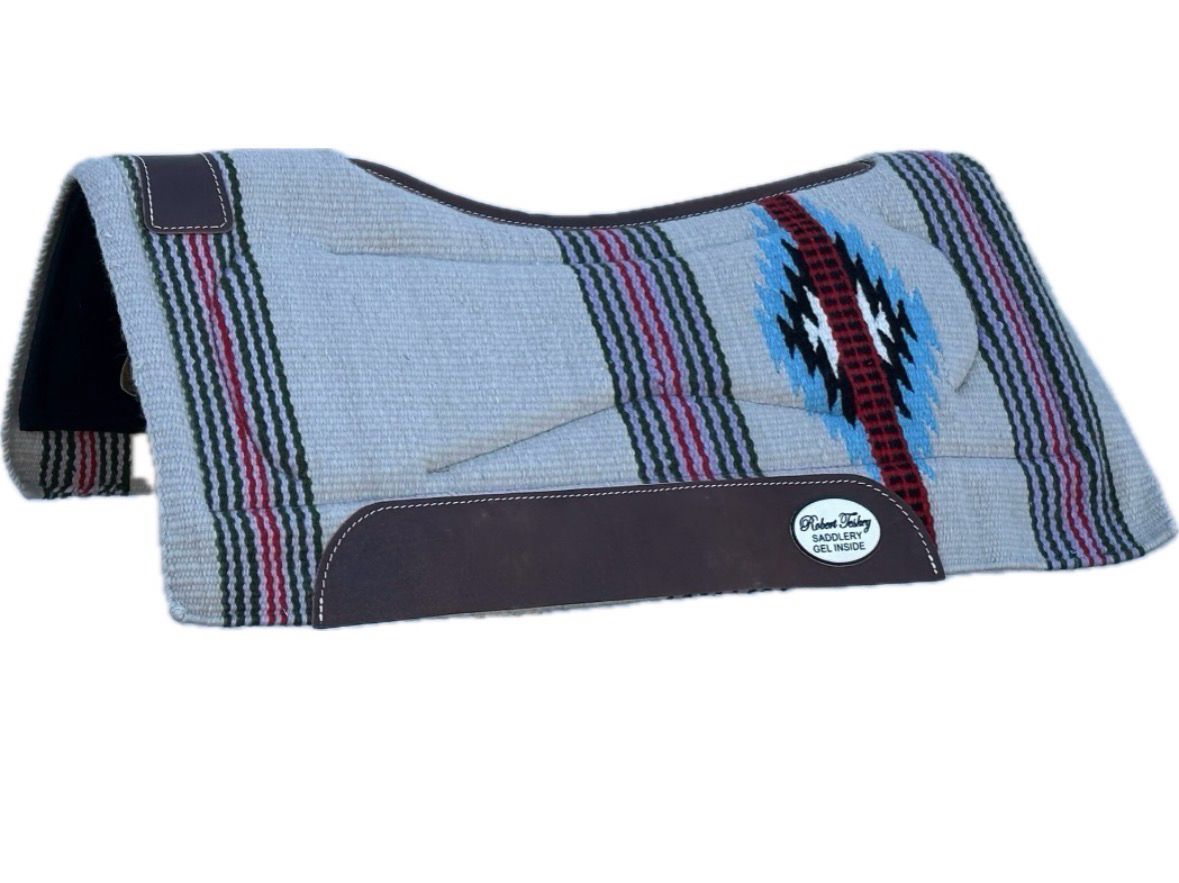 Robert Teskey Contoured Moisture Wicking 100% New Zealand Wool 3/4- inch Thickness Memory Felt Bottom Gel Saddle Blanket with Brown Wear Leathers and Leather Spine Size: 36”x34” Greige