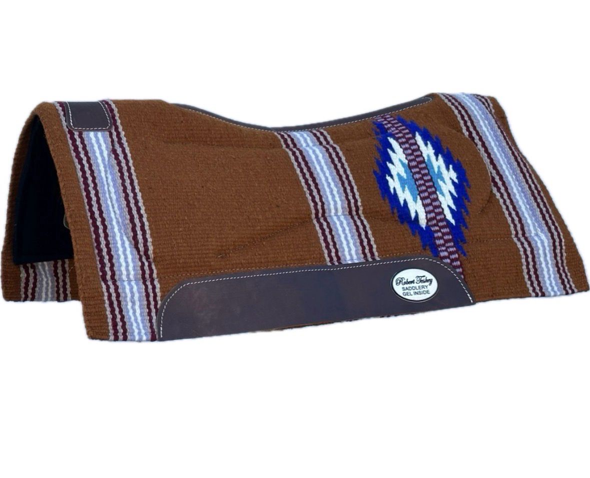 Robert Teskey Contoured Moisture Wicking 100% New Zealand Wool 3/4- inch Thickness Memory Felt Bottom Gel Saddle Blanket with Brown Wear Leathers and Leather Spine Size: 36”x34” Chestnut