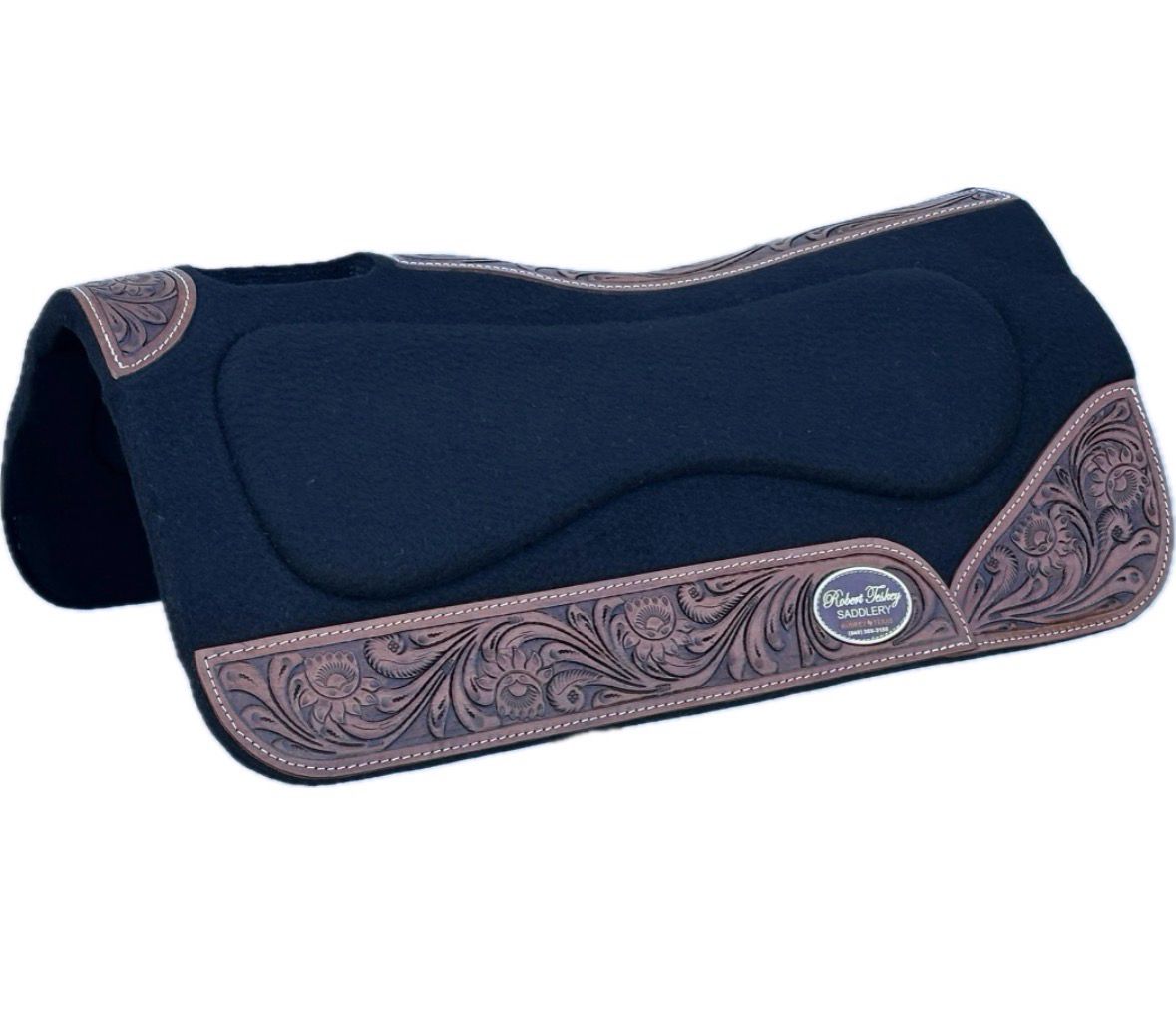 Robert Teskey Moisture Wicking Contoured 1- inch Thickness Felt Gel Saddle Pad with Brown Tooled Wear Leathers and Leather Spine Size: 32” x 32” Black